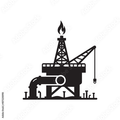 Industrial Offshore Oil Rig Platform Silhouette With Crane And Gas Flare Flame.