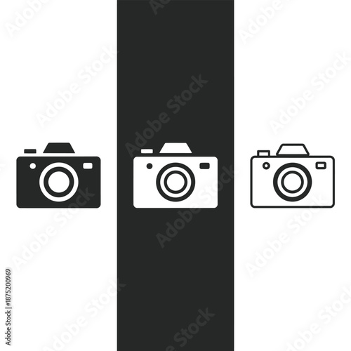 Three simple camera icons in different styles and colors