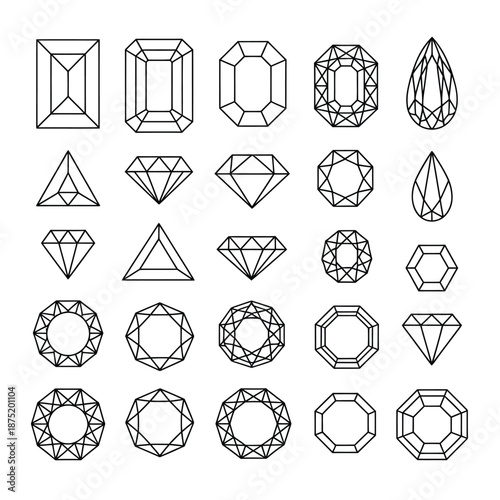 Collection of various diamond shapes and cuts illustrations