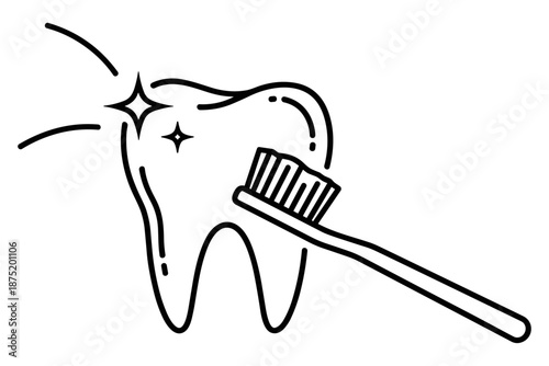 Line art illustration of a sparkling clean tooth being meticulously brushed by a toothbrush, symbolizing good oral hygiene and fresh breath care for dental health