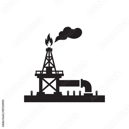 Industrial Offshore Oil Rig Platform Silhouette With Crane And Gas Flare Flame.