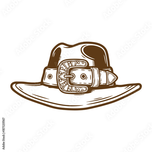 Drawing Vintage Brown cowboy hat with wide brim and decorative belt buckle  isolated on white background