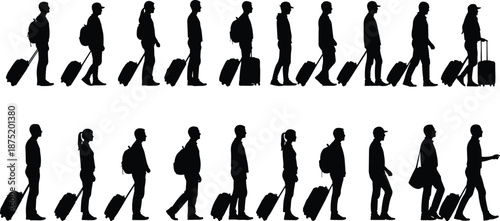 Travel silhouette set with suitcases, walking and standing poses, black vector illustration, editable design, isolated tourism icons