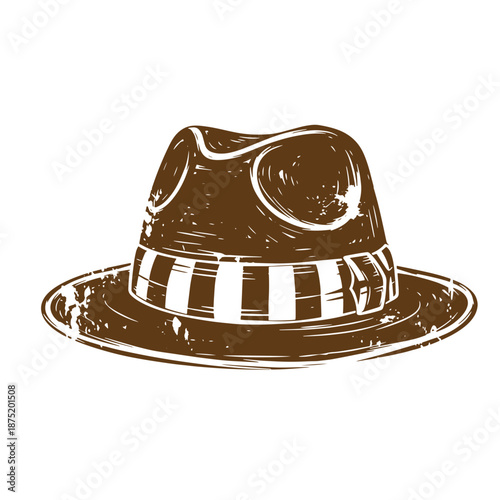 Drawing Vintage Brown fedora hat with striped ribbon  classic fashion accessory