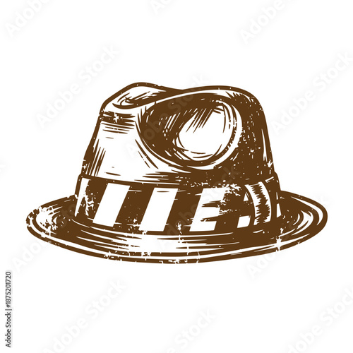 Drawing Vintage Brown fedora hat with wide brim and indented crown  fashion accessory