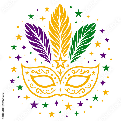 Karnevalsmaske mit Federn und Sternen – Bunte Vektor Maske für Karneval, Fasching und Mardi Gras
