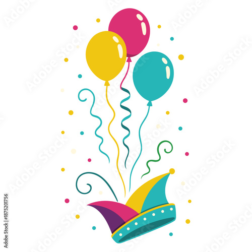 Narrenkappe mit Party-Ballons und Konfetti – Karneval Vektor Illustration
