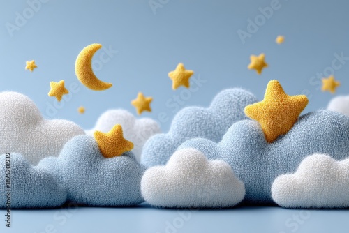 Soft 3D clouds with moon and stars blue background for baby shower and nursery design. Cute dreamy scene for newborn invitation, kids poster and children decor.