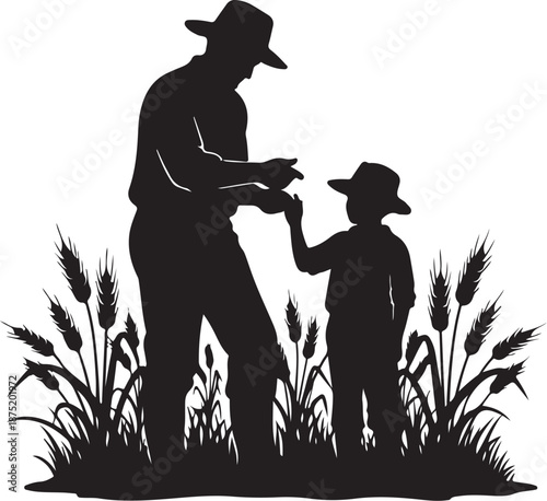 Silhouette of farmer and child in wheat field together