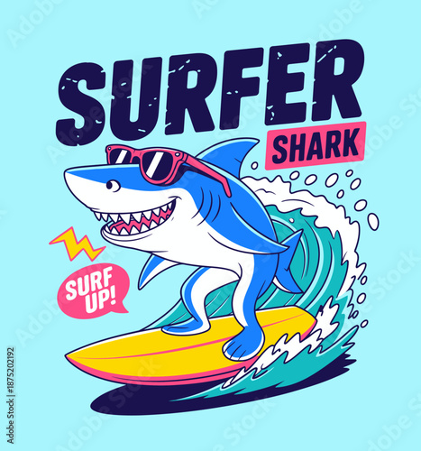 A cheerful shark wearing sunglasses rides a surfboard on a wave, creating a fun and energetic atmosphere that represents adventure and joy in coastal lifestyle.