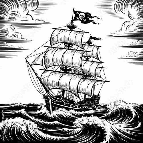 Valokuva A bold black-and-white artwork featuring a traditional pirate ship battling stormy waves, creating a sense of adventure and danger in a nautical theme