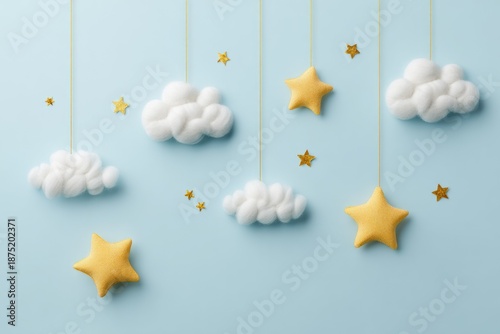 Soft 3D clouds with moon and stars blue background for baby shower and nursery design. Cute dreamy scene for newborn invitation, kids poster and children decor.