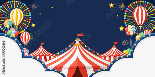 a colorful circus scene with hot air balloons and fireworks