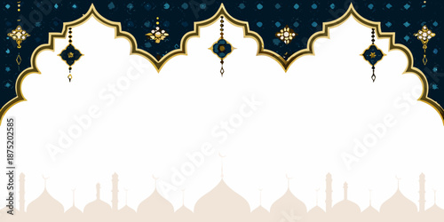 Islamic architecture silhouette with gold and blue ornate decorations on white background