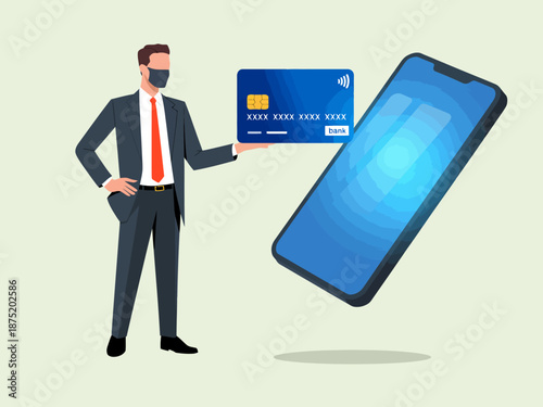 A professional man dressed in a suit proudly holding a contactless payment card next to a modern smartphone, showcasing the ease of mobile payments and financial technology.