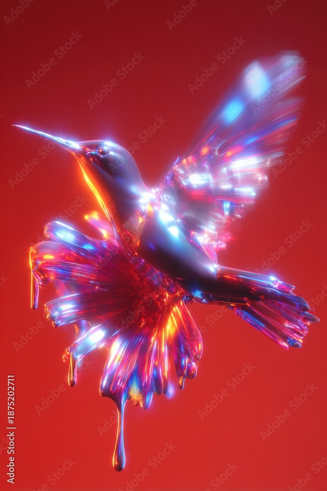 Obraz premium Surreal 3D render of a glossy liquid glass hummingbird hovering near neon crystal flowers, vibrant abstract nature art on red background.