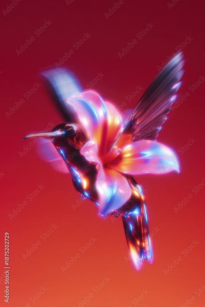 Obraz premium Surreal 3D render of a glossy liquid glass hummingbird hovering near neon crystal flowers, vibrant abstract nature art on red background.