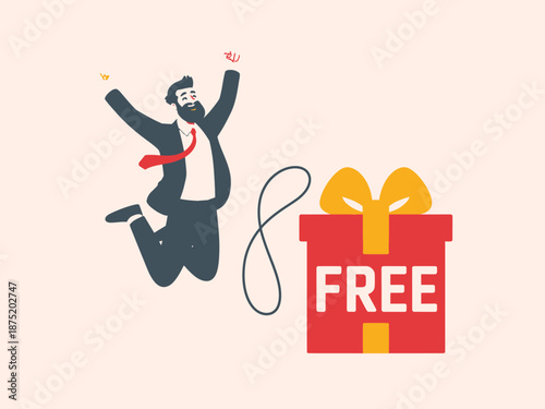 A jubilant man jumps in excitement beside a large gift box marked 'FREE', capturing the sense of joy and surprise, ideal for promotions or celebration themes.