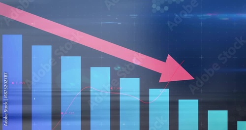 Animation showing downward red arrow over bar graph indicating financial decline