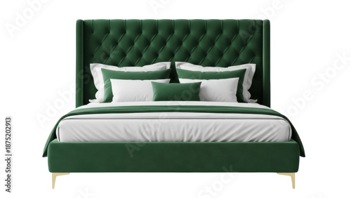Photos Elegant green velvet bed with tufted headboard isolated PNG, luxurious bedroom f