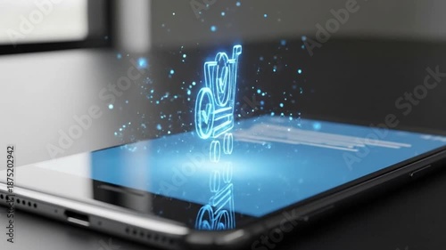 Online Shopping Cart Icon Hovering Over Smartphone Screen with Checkmarks