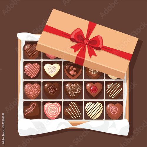Elegant open gift box filled with meticulously crafted heart chocolates featuring diverse flavors