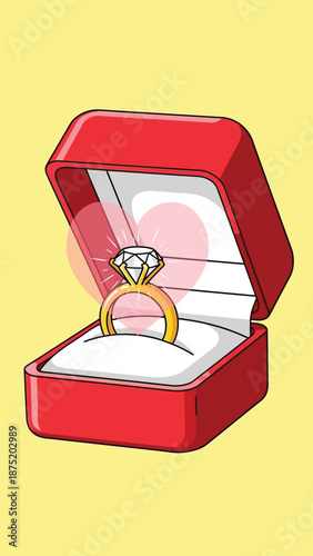 A sparkling brilliant-cut diamond engagement ring nestled in a vibrant crimson presentation box,