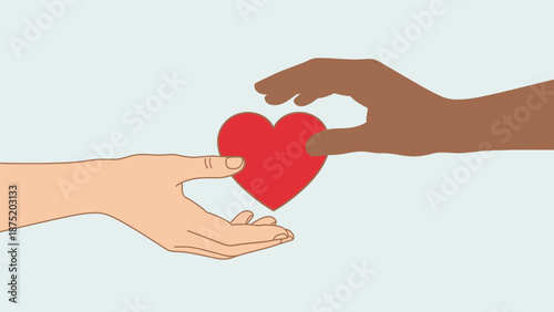 A compassionate exchange of a vibrant red heart between different hands promoting universal care