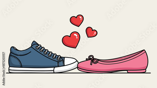 Charming illustration of a blue sneaker and a pink ballet flat finding love and companionship
