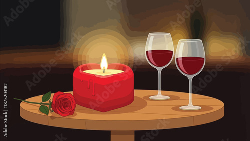 Romantic evening with flickering candlelight, red wine, and a beautiful single rose for a special