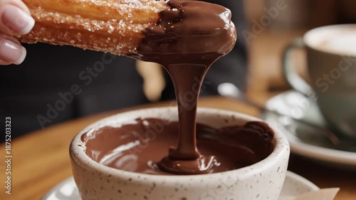 A woman dips a sugar-coated churro into a bowl of melted chocolate. Close-up of a delicious traditional Spanish dessert. Indulgent sweet food concept