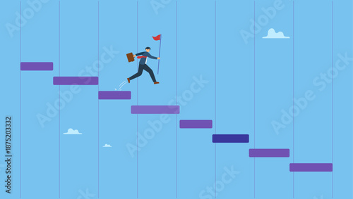 Businessman project manager jump on project management Gantt chart. Project management waterfall Gantt chart to track complete tasks and workflow to deliver or launch target timeline.