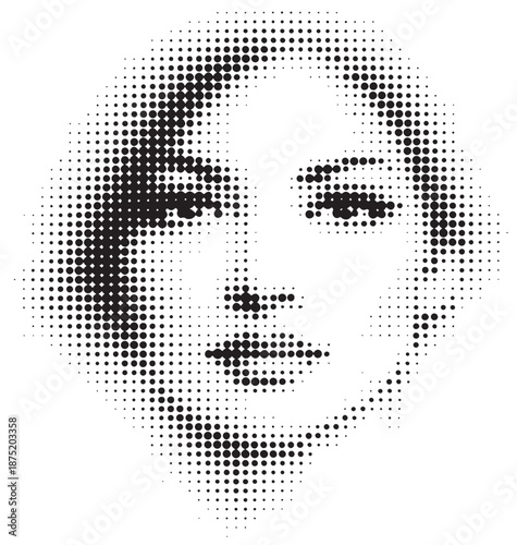 A stylized halftone portrait of a woman's face created with dot patterns. Modern, minimal, and versatile for fashion, beauty, or editorial projects