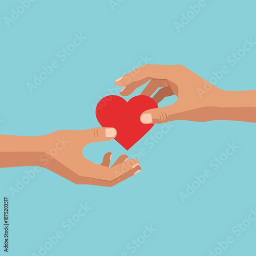 An illustrative portrayal of hands exchanging a vibrant red heart, symbolizing human connection,