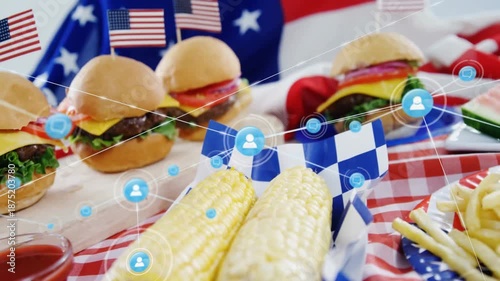 Profile icons fading above ketchup and radiating lines, visualizing social network over picnic food