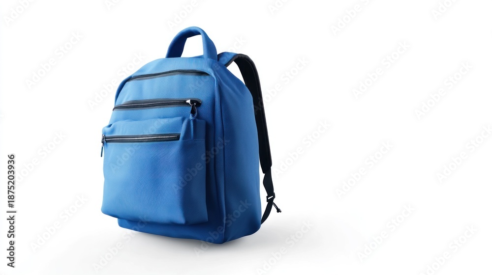 Naklejka premium Modern blue backpack with multiple zippered pockets, perfect for school or travel, isolated on a crisp white background