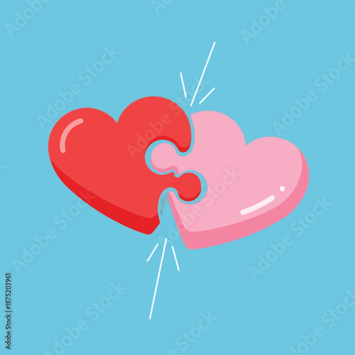 Two vibrant heart puzzle pieces connecting perfectly, symbolizing love and harmonious