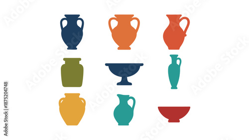 A collection of colorful ancient Greek vases and bowls on display