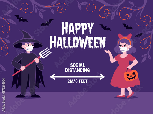 Two Halloween-themed characters in costumes maintain social distance while celebrating the holiday, highlighting safety measures and a sense of community during festive gatherings.
