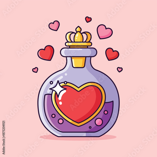 A captivating elixir bottle adorned with a golden crown, radiating love and magical charm