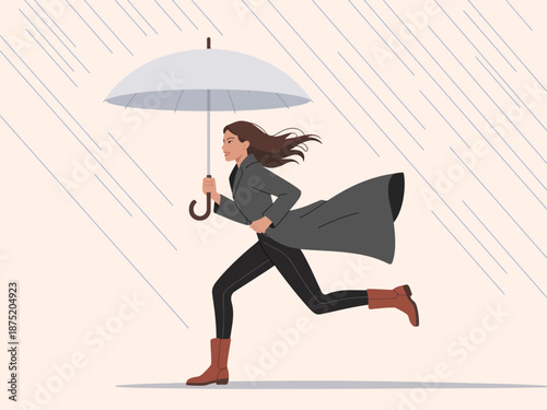 A woman dashes through the rain, confidently holding an umbrella while showcasing resilience and vitality amid challenging weather conditions, embodying spirited energy.