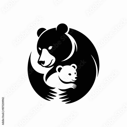 A striking minimalist design of a bear nurturing its cub, representing love, protection, and nature's beauty, crafted in a powerful black and white style that evokes deep emotions.