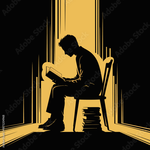 A captivating silhouette of a person deeply engrossed in reading while seated, bathed in a warm light, capturing the essence of knowledge, introspection, and curiosity in art.