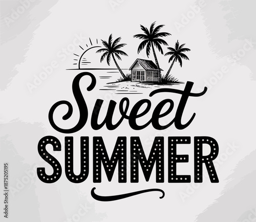 A serene illustration depicting a tropical island with palm trees and a beach house, embodying the essence of sweet summer and inviting feelings of relaxation and warmth.