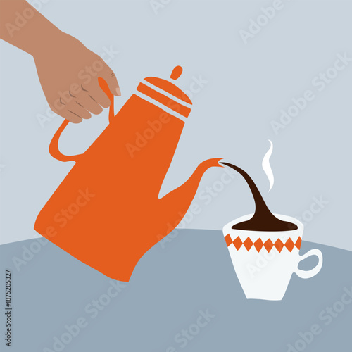 Pouring coffee from a pot to a cup illustration.