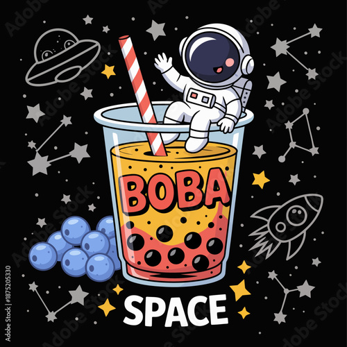 This whimsical image showcases a cartoon astronaut sitting in a giant cup of boba tea, surrounded by stars, planets, and rockets, blending space exploration with delicious fun.