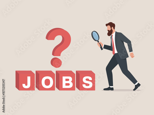 This illustration portrays a bearded man in a suit, magnifying glass in hand, searching for job opportunities, representing ambition, career goals, and the job search journey.