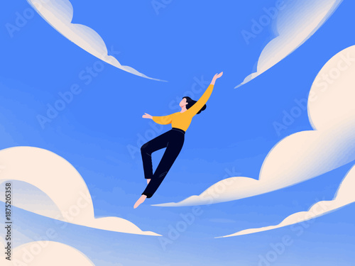 This captivating illustration shows a figure soaring amidst fluffy clouds in a bright blue sky, evoking feelings of freedom, aspiration, and the joy of limitless possibilities.