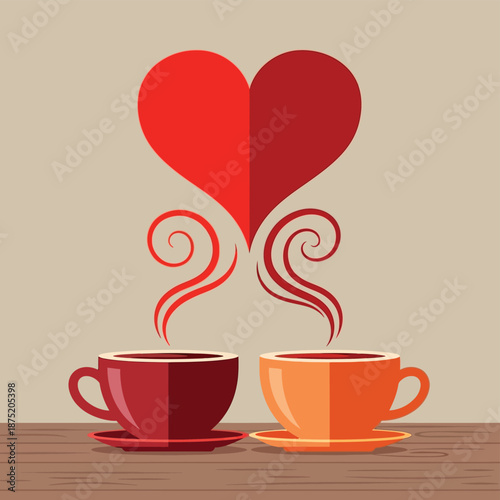 Abstract graphic showcasing two hot beverages on a table, their rising steam uniting into a