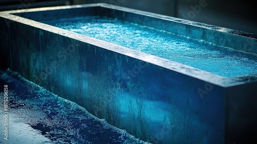 electroplating. Rectangular metal sheet acquiring a shiny silver coating in blue solution. safety posters, maintenance manuals, designed for industrial assembly lines and welding operations.